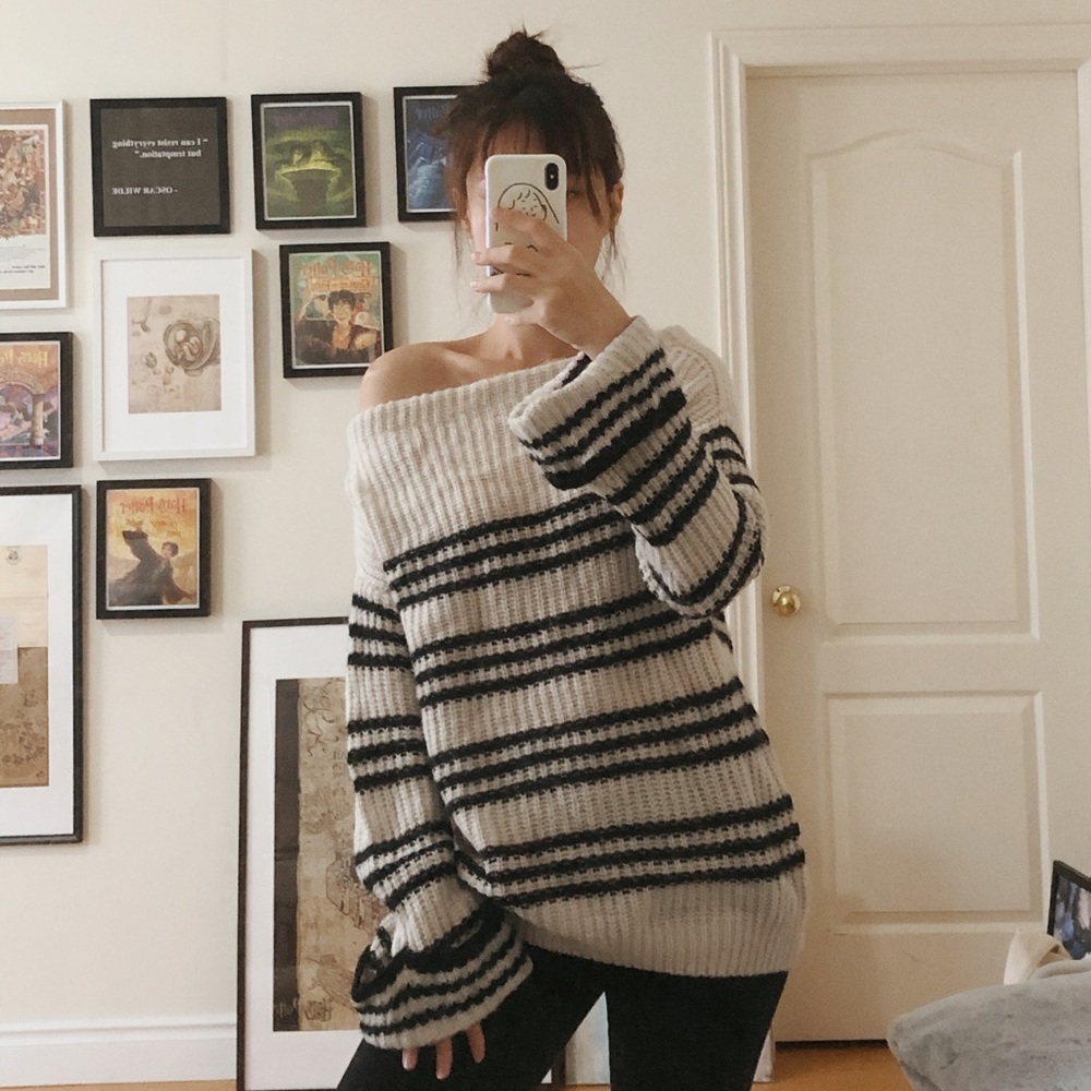 Fluffy off-shoulder oversized sweater